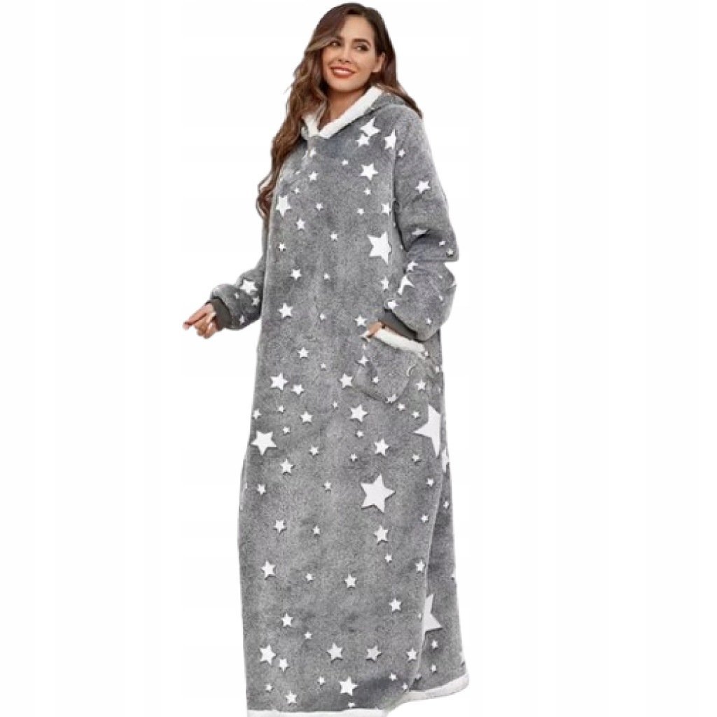Bluza Z Kapturem Szara Długa Bluzokoc Koc Oversize Ciepła Polarowa Gwiazdki