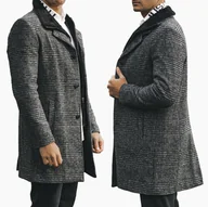 Płaszcze męskie - Płaszcz Męski Długi Elegancki Kratka Szary 48 - miniaturka - grafika 1