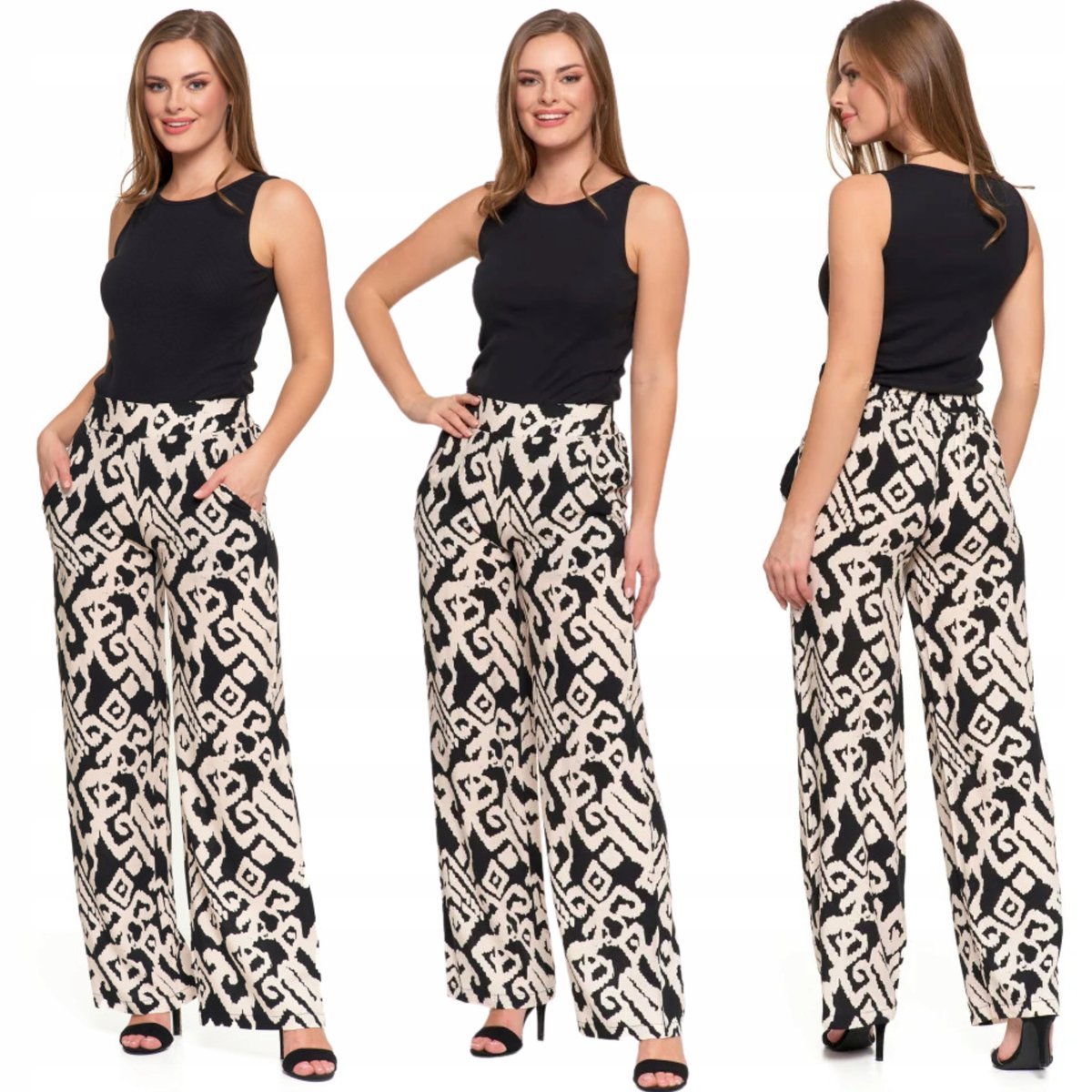 SPODNIE WISKOZOWE DAMSKIE SZEROKIE NOGAWKI WZORZYSTE ELEGANCKIE MORAJ L PATT 5