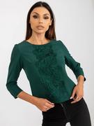 Bluzki damskie - Bluzka wizytowa ciemny zielony elegancki elegancka dekolt okrągły rękaw 3/4 długość krótka koronka - miniaturka - grafika 1