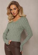 Swetry damskie - Zielony Sweter z Dekoltem w Serek i Warkoczykowym Splotem Silmirra - miniaturka - grafika 1