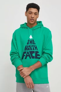 Bluzy męskie - The North Face bluza bawełniana męska kolor zielony z kapturem z nadrukiem - grafika 1