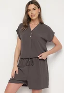 Komplety damskie - Ciemnoszary Komplet z Wiskozą Bluzka Zdobiona Guzikami i Szorty Nitamea - miniaturka - grafika 1