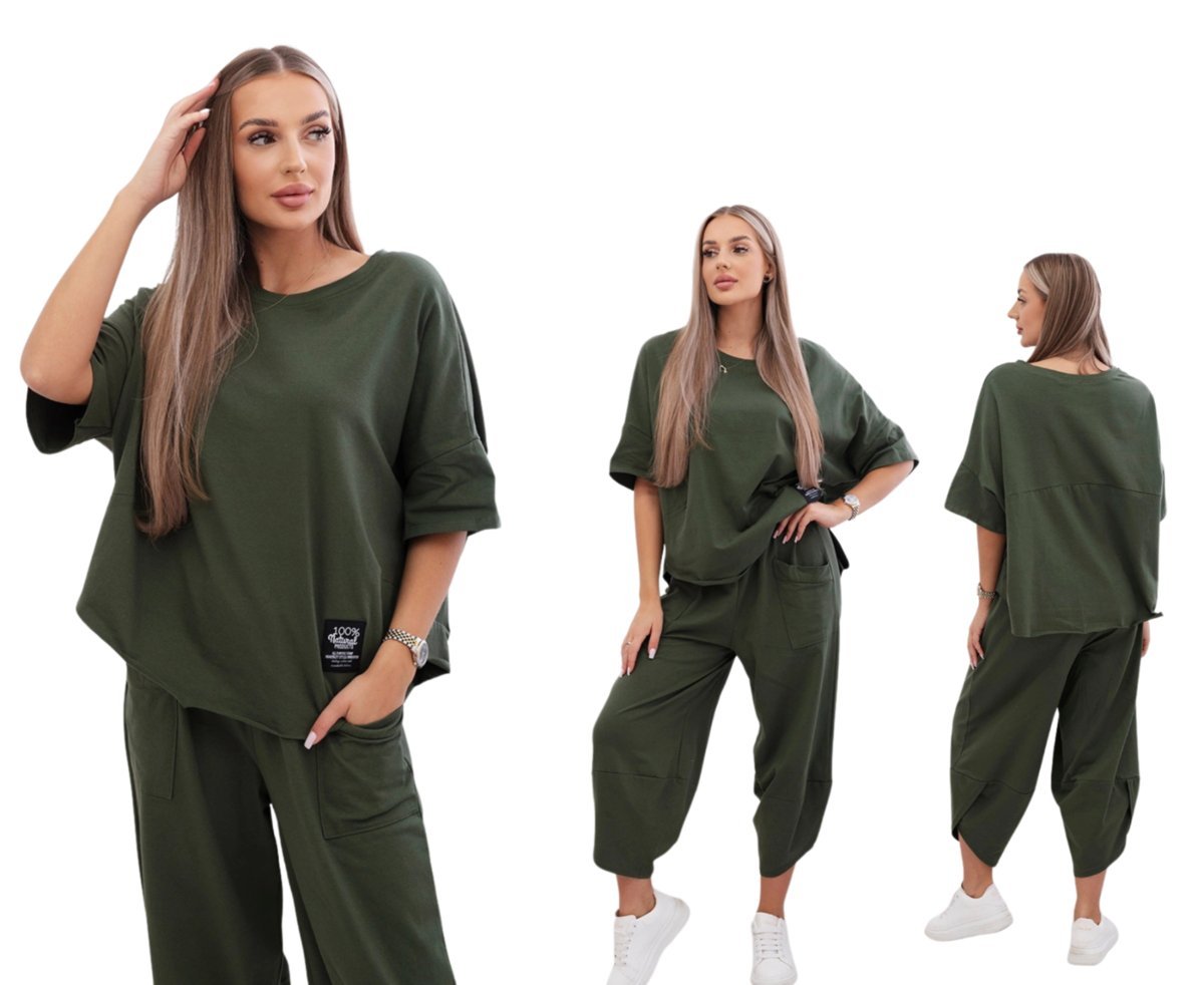 Jasne khaki komplet bawełniany damski: bluzka oversize i spodnie