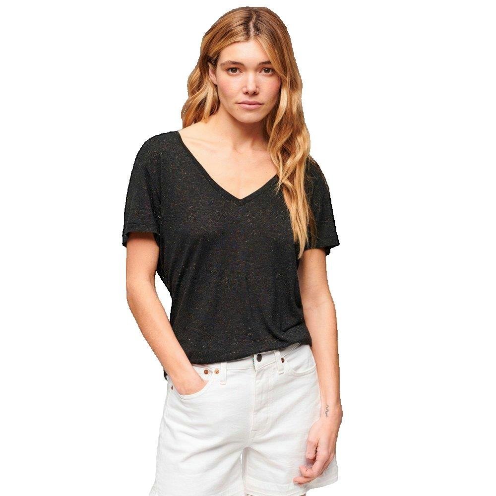 Superdry Studios Slub Haftowany T-shirt z Krótkim Rękawem z Dekoltem w Serek