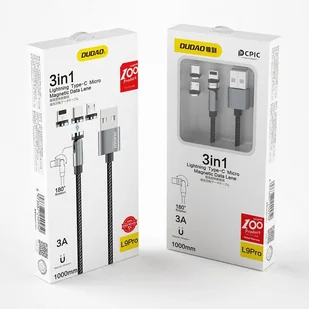 Dudao składany magnetyczny kabel USB + zestaw końcówek Lightning / USB Typ C / micro USB 3 A 1 m szary (L9Pro gray) - Kable USB - miniaturka - grafika 5