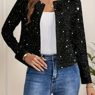 Kurtki damskie - TEMU Kobieca Elegancka Krótka Kurtka z Nadrukiem Gwiezdnej Nocy - Długi Rękaw, Okrągły Dekolt, Casualowa Płaszcz na Wiosnę Jesień, Pralna w Pralce, - miniaturka - grafika 1