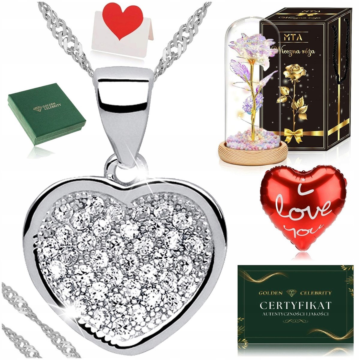 SREBRNY NASZYJNIK + ZAWIESZKA SERCE 925+RÓŻA WIECZNA PREZENT NA 18 URODZINY