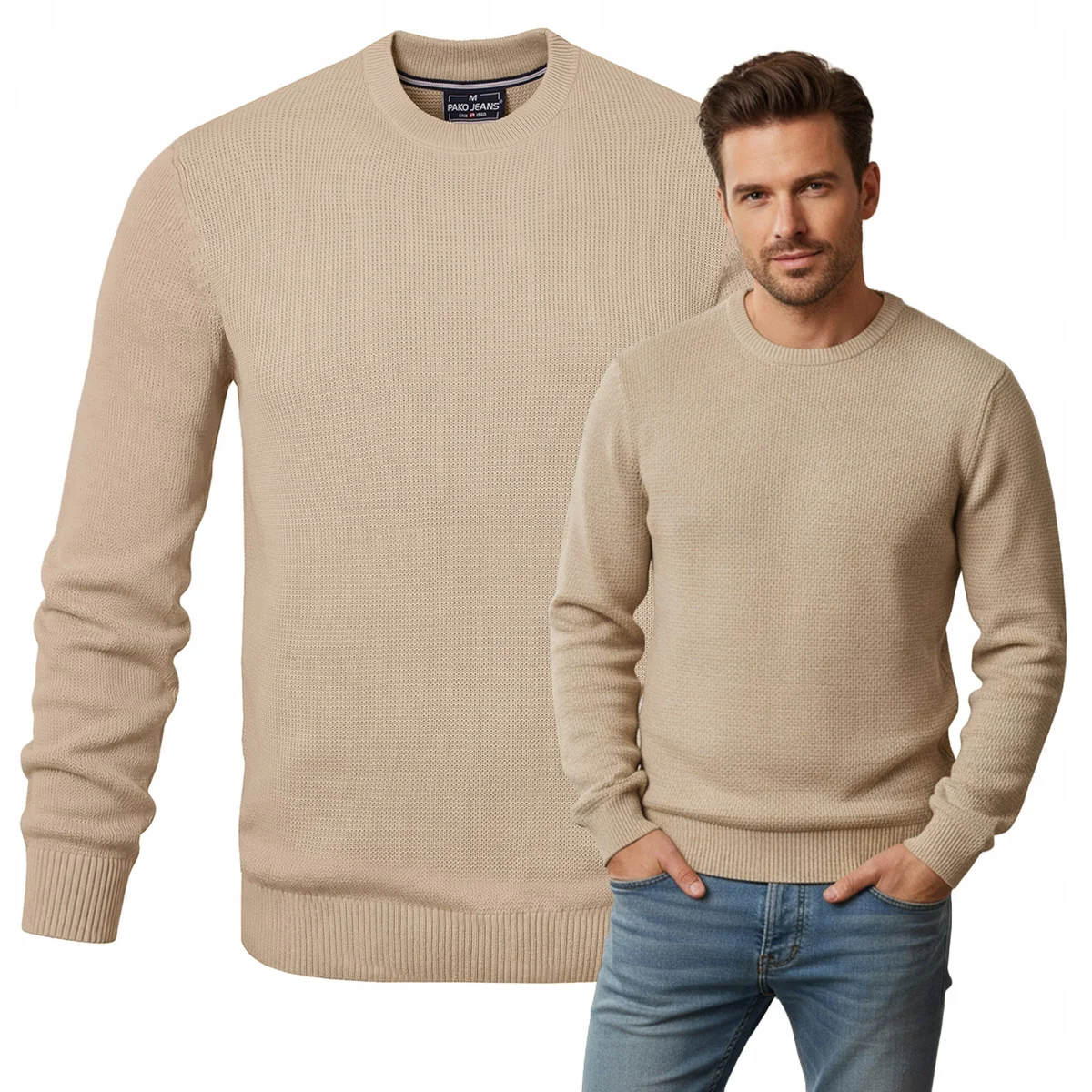 Elegancki SWETER Męski Strukturalny Jednokolorowy BEŻOWY Pako Jeans Elegancki SWETER Męski Strukturalny Jednokolorowy BEŻOWY XL Pako Jeans