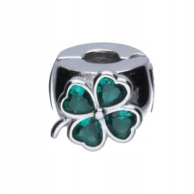 Zawieszka do bransoletki srebrna 925 z zielonymi cyrkoniami koniczyna 8x8mm