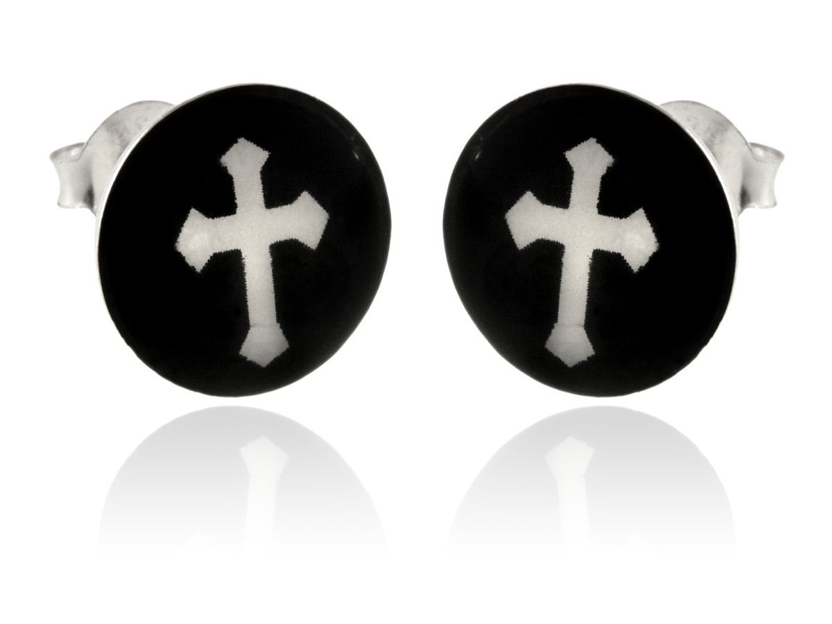 Kolczyki srebrne Kółka płaskie Krzyż na czarnym tle k3694