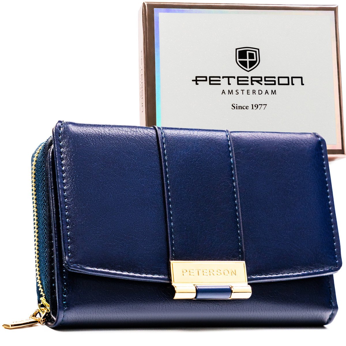 Portfel damski na karty PETERSON mały poziomy z ozdobnym zapięciem ochrona RFID bilon na suwak elegancki grantowy