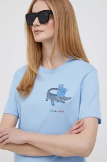 Koszulki sportowe damskie - Lacoste t-shirt bawełniany x Netflix kolor niebieski TF7349-70V - grafika 1