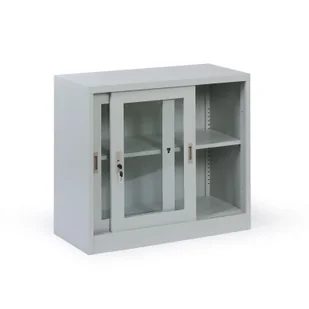 Metalowa szafka z półkami i szklanymi przesuwanymi drzwiami, zdemontowana, 900 x 800 x 400 mm - Szafki biurowe - miniaturka - grafika 1