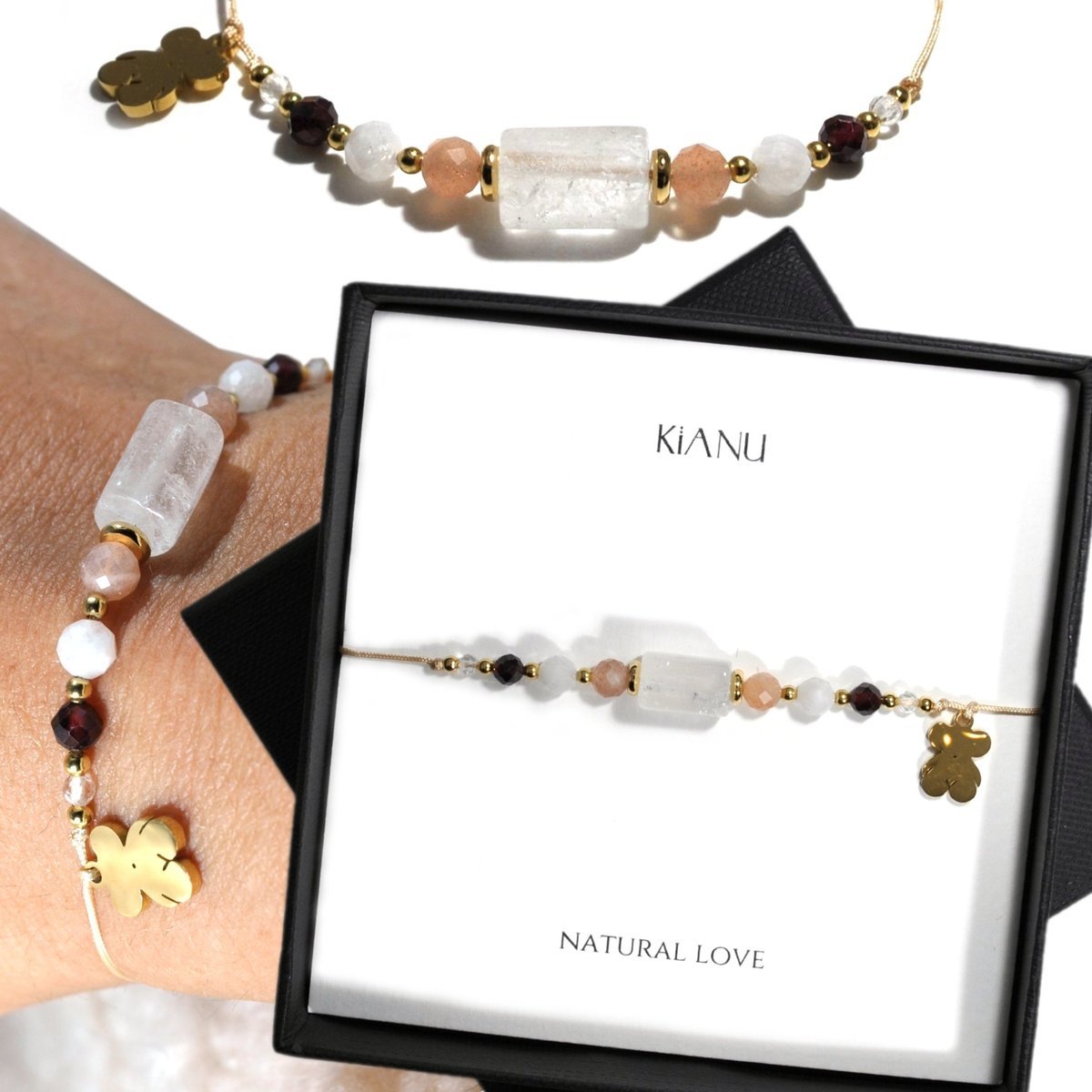 Bransoletka KiANU Kamień Słoneczny Granat Kryształ Kamień Księżycowy Prezent Dla Kobiety Żony Mamy