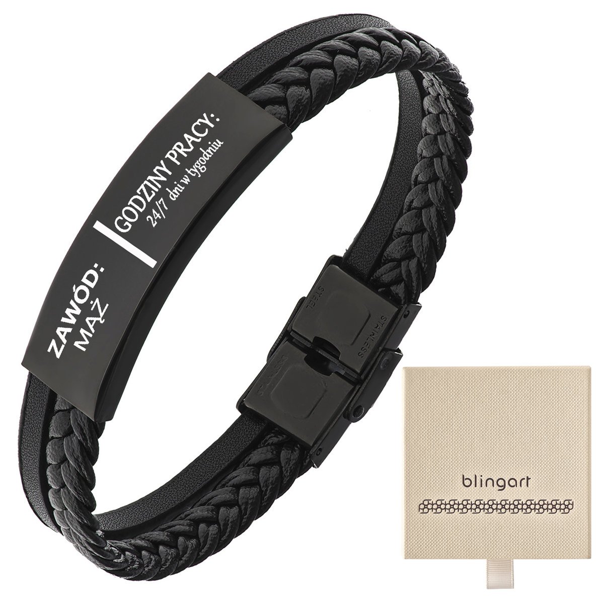 Bransoletka męska z GRAWEREM czarna plecionka blas