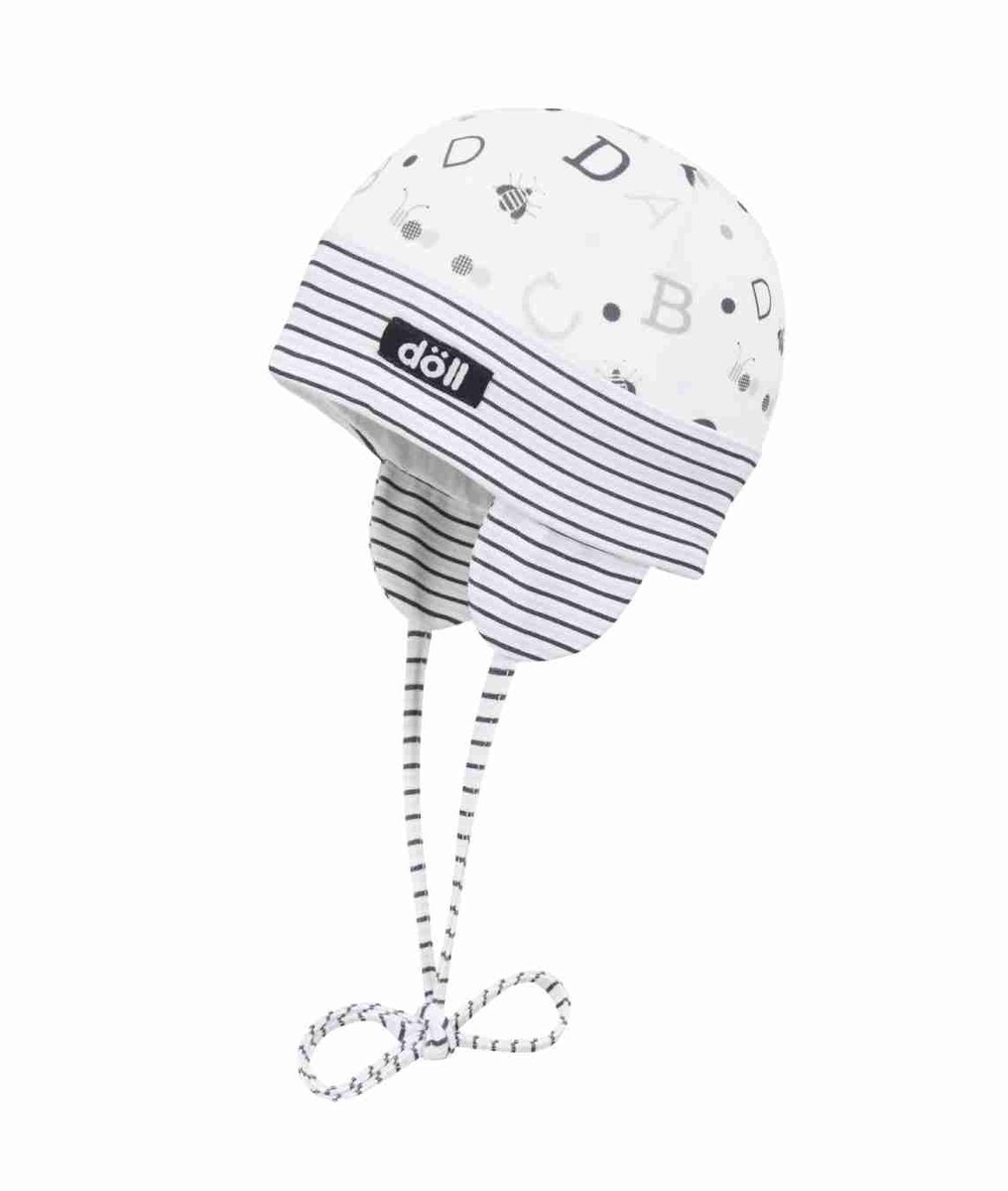 Czapka niemowlęca, biała, wiązana, paski, literki, Döll