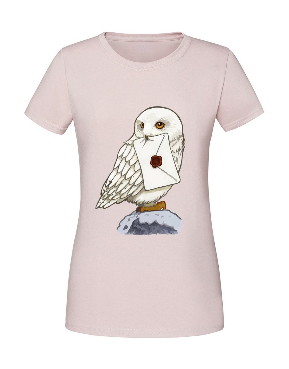 Damska koszulka z nadrukiem - HOGWART SOWA Z LISTEM Pudrowy Róż L