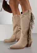 Kozaki damskie - Ciemnobeżowe Kozaki Kowbojki na Stożku Ozdobione Frędzlami Reianeva - Renee - miniaturka - grafika 1