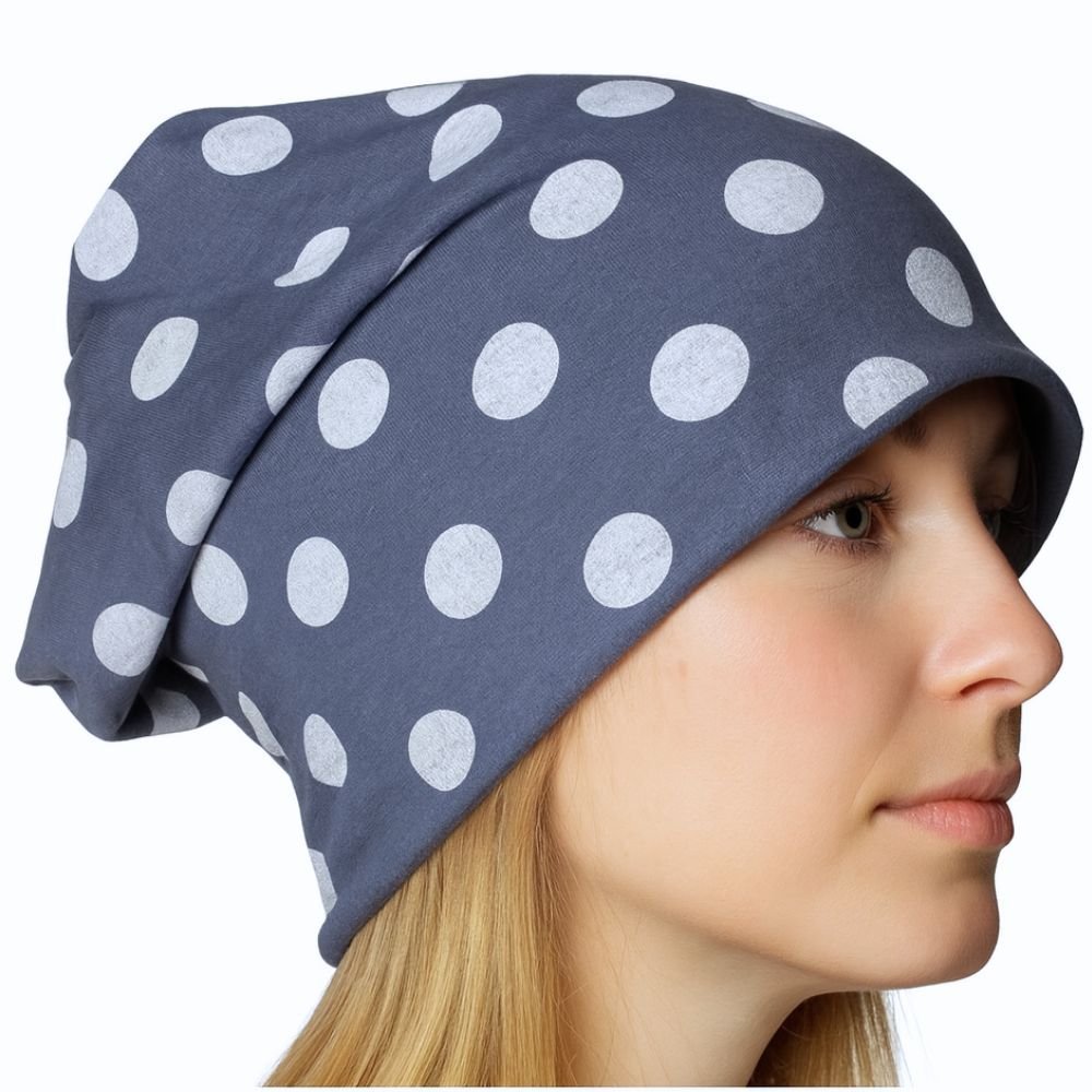 Czapka damska Beanie włoska cienka smerfetka niebieska w białe grochy