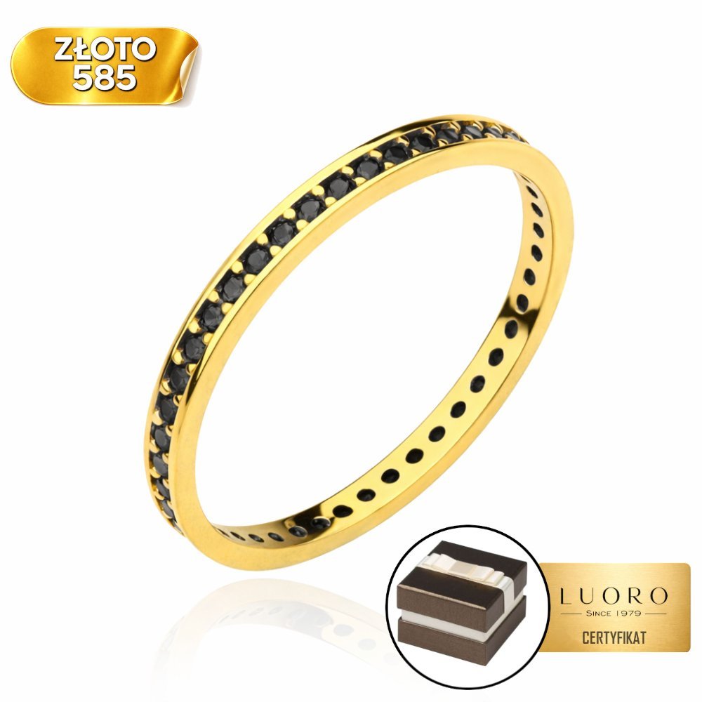 PIERŚCIONEK ZŁOTY 585 14K JEDNORZĘDÓWKA Z CZARNYMI KAMIENIAMI R12