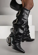 Kozaki damskie - Czarne Kozaki na Słupku z Wywiniętą Cholewką i Klamrami Arullia - miniaturka - grafika 1