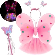 Stroje karnawałowe - Strój Kostium Motyl Skrzydła Wróżki Led Spódniczka Tutu Berło Różowy 98 134 3-9 L - miniaturka - grafika 1