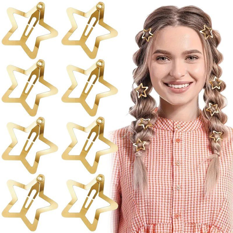 Modne Spinki do Włosów Gwiazdki Metalowe Y2k Zestaw 8 Sztuk Złote