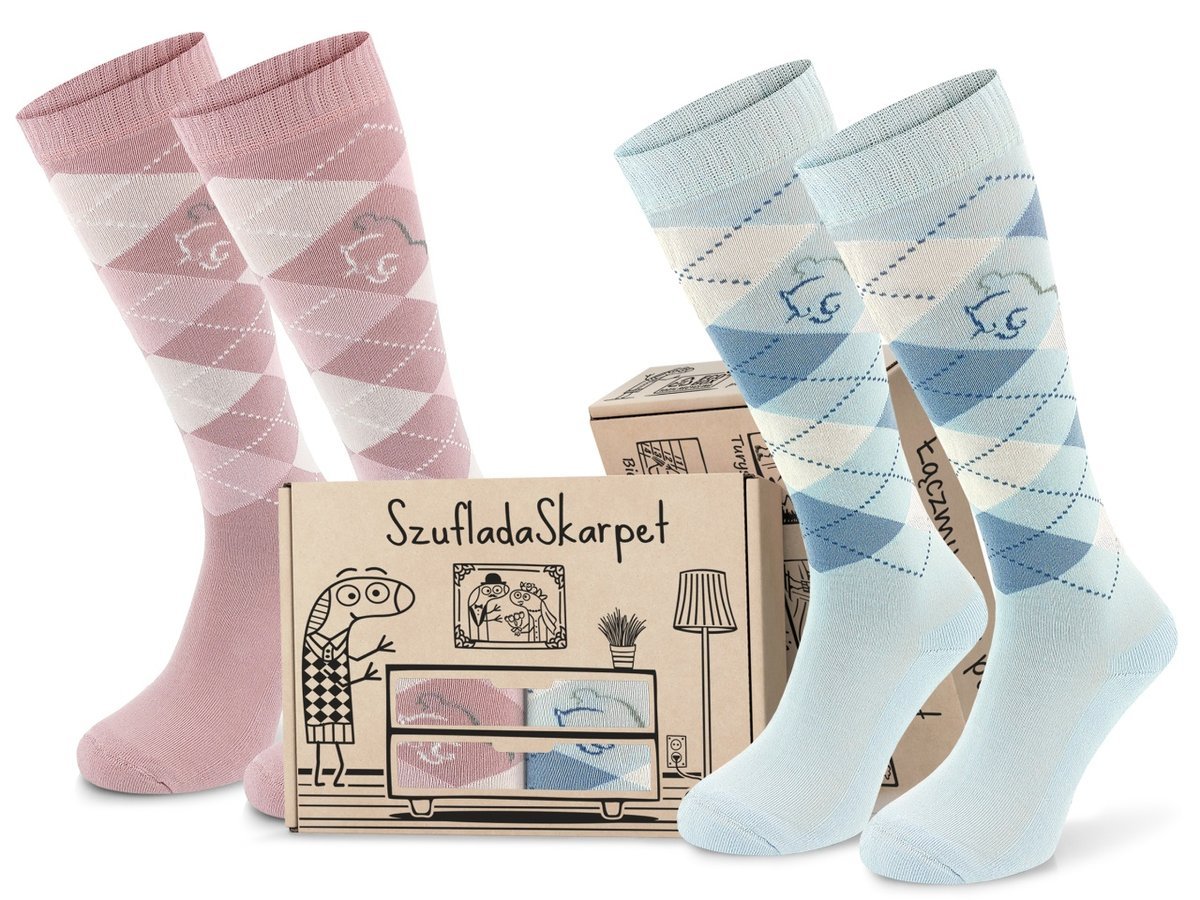 Comodo Eleganckie Podkolanówki Uniseks Bawełniane W Romby 39-42 Różowe Błękitne, 2 Pary Do Jazdy Konnej Na Prezent Wiosna Lato