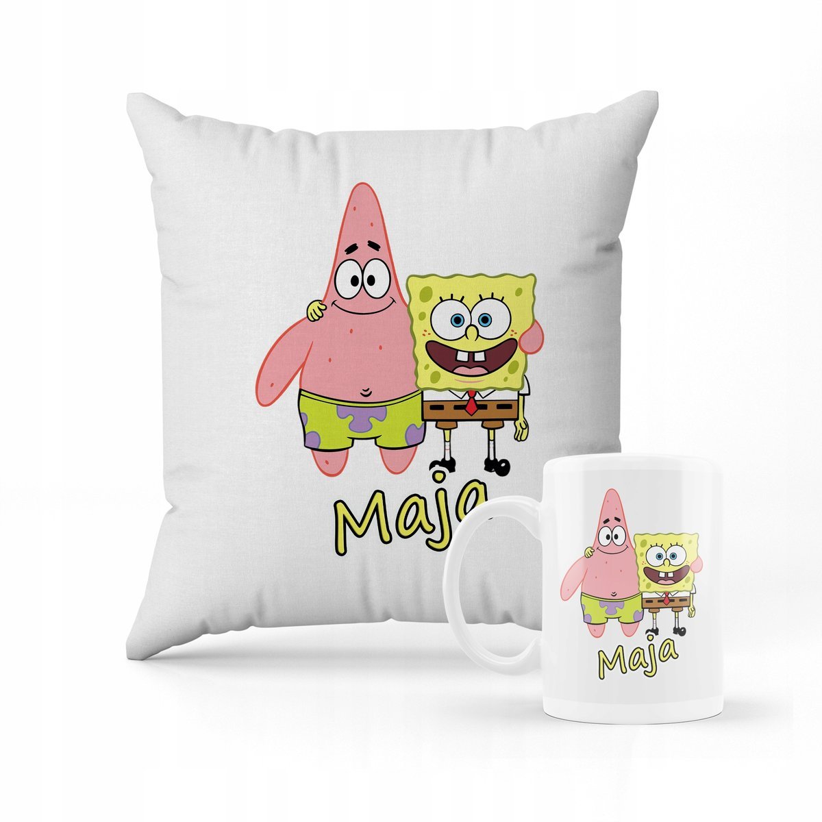ZESTAW PODUSZKA + KUBEK PREZENT DLA DZIECKA SPONGEBOB PATRYK + IMIĘ