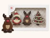Gumy do żucia, lizaki, dropsy - Figurka Święty Mikołaj renifer choinka z belgijskiej czekolady w kartoniku z okienkiem zestaw trzy figurki Świętego Mikołaja renifera choinki na świ.. - miniaturka - grafika 1