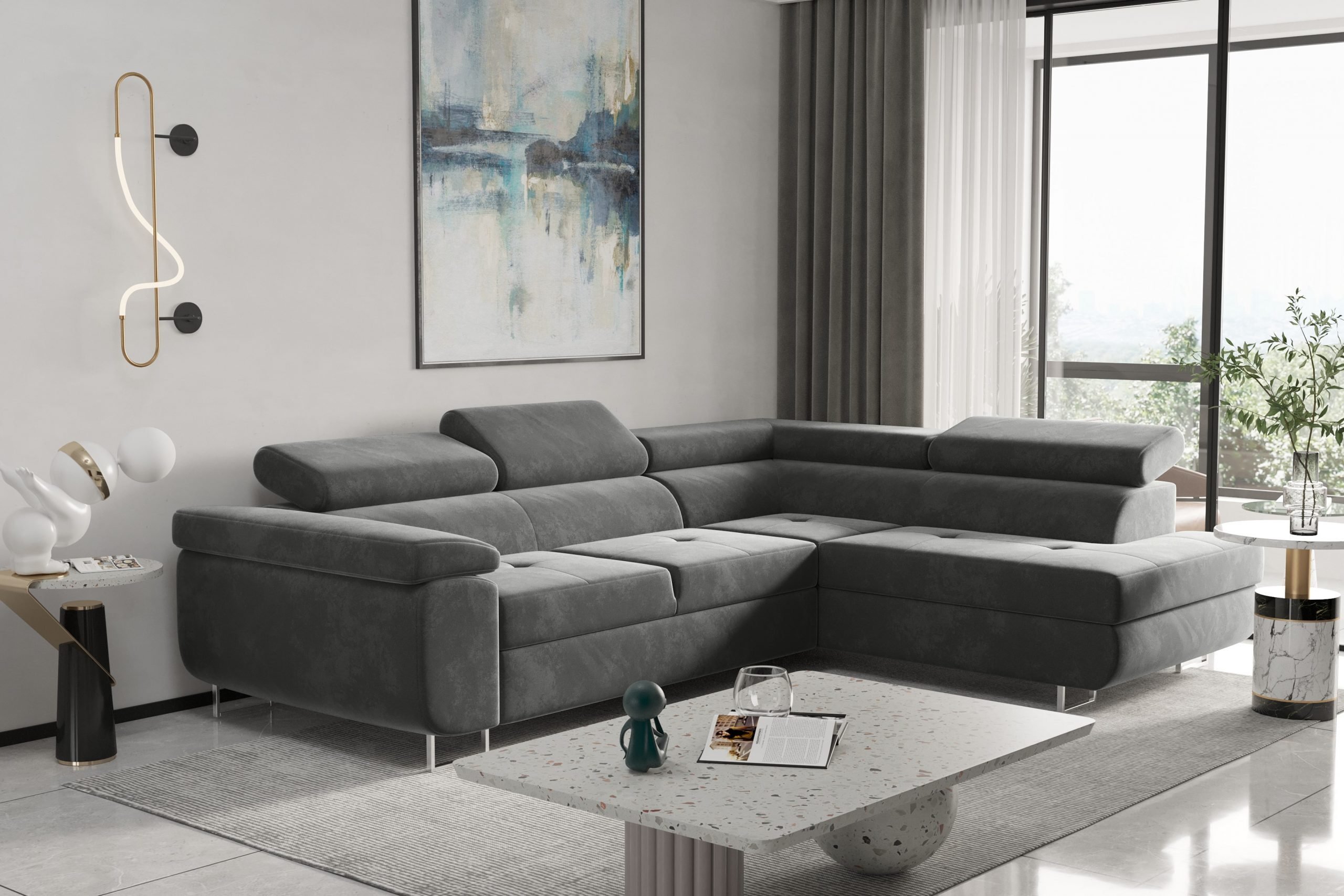 Narożnik z funkcją spania i pojemnikiem na pościel w kształcie litery L - ATOM - tkanina Monolith, wiele kolorów Szary Prawy