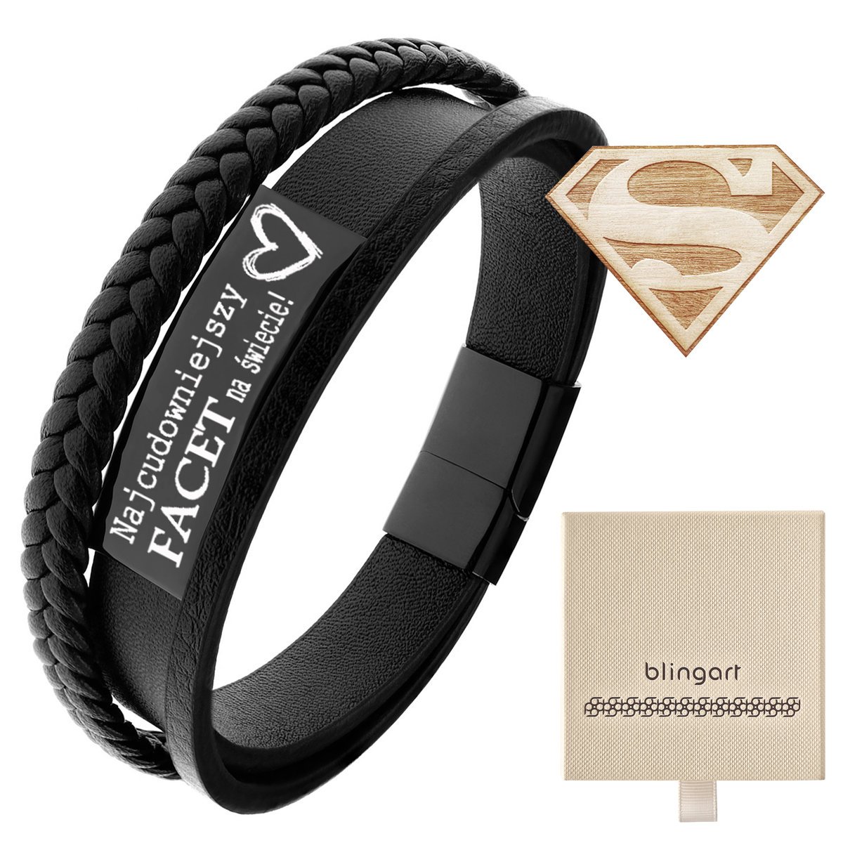 Bransoletka z GRAWEREM męska skórzana CZARNA stal