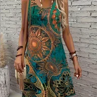 Sukienki - TEMU Bezrękawnikowa Sukienka A-Line dla Kobiet - Turkusowo-Zielona i Pomarańczowa, Letnia Sukienka na Imprezę o Średniej Długości, Pranie Maszynowe, - miniaturka - grafika 1