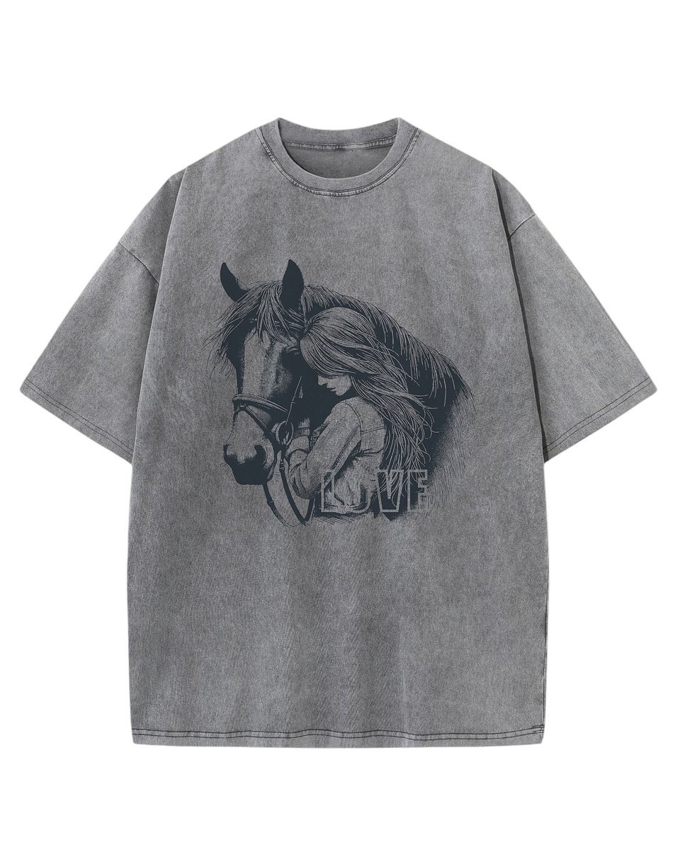 Męska koszulka oversize efekt sprania Zwierzęta Koń Miłość Grafitowa XXL