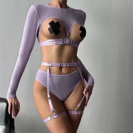 Komplety bielizny - Komplet bielizny na długi rękaw z wycięciem na biust - Fioletowy L - miniaturka - grafika 1