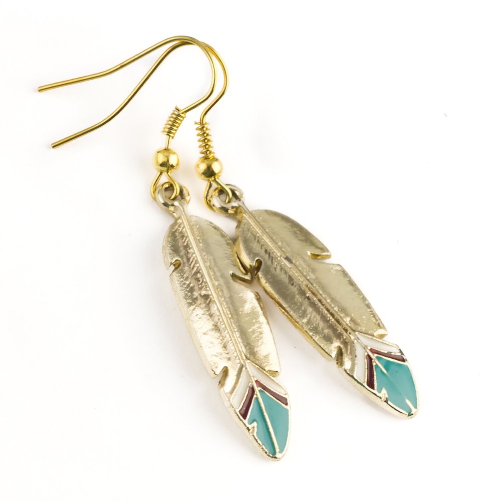 Kolczyki piórka, pióra kolor złoty, emalia kolczyki w stylu etno boho / JG. Projekt
