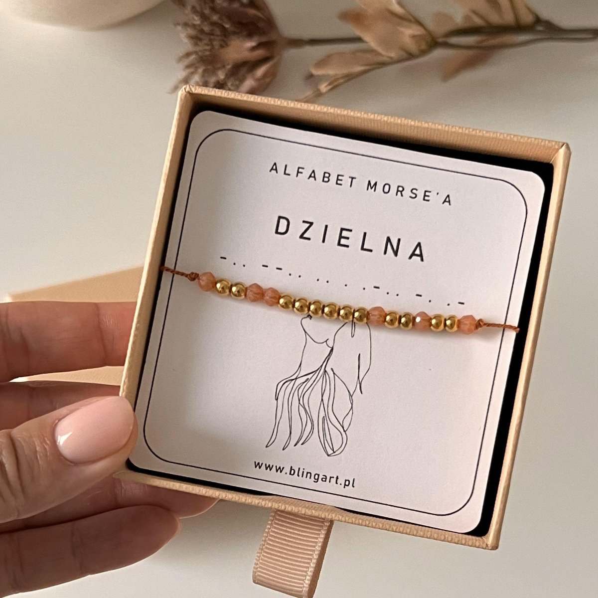 Bransoletka DZIELNA kodowana alfabetem morse'a kamienie naturalne stal chirurgiczna