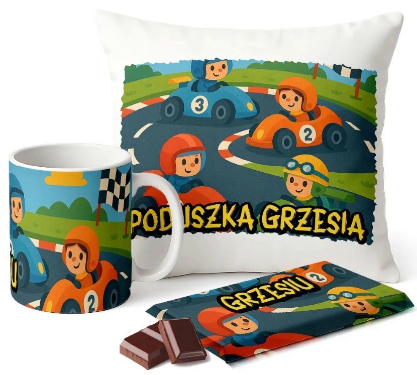 Zestaw Kubek Poduszka Czekolada z Imieniem Wyścigi Gokarty Prezent Dziecku