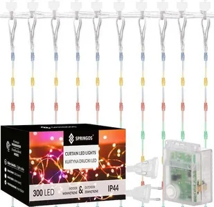 Lampki choinkowe Springos Kurtyna świetlna 300 led girlanda, lampki wewnętrzno-zewnętrzne sople multikolor + flash UNIWERSALNY - Oświetlenie świąteczne - miniaturka - grafika 1