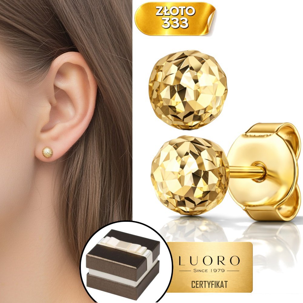 KOLCZYKI ZŁOTE 333 8K KULKI DIAMENTOWANE 7 MM SZTYFT ELEGANCKIE