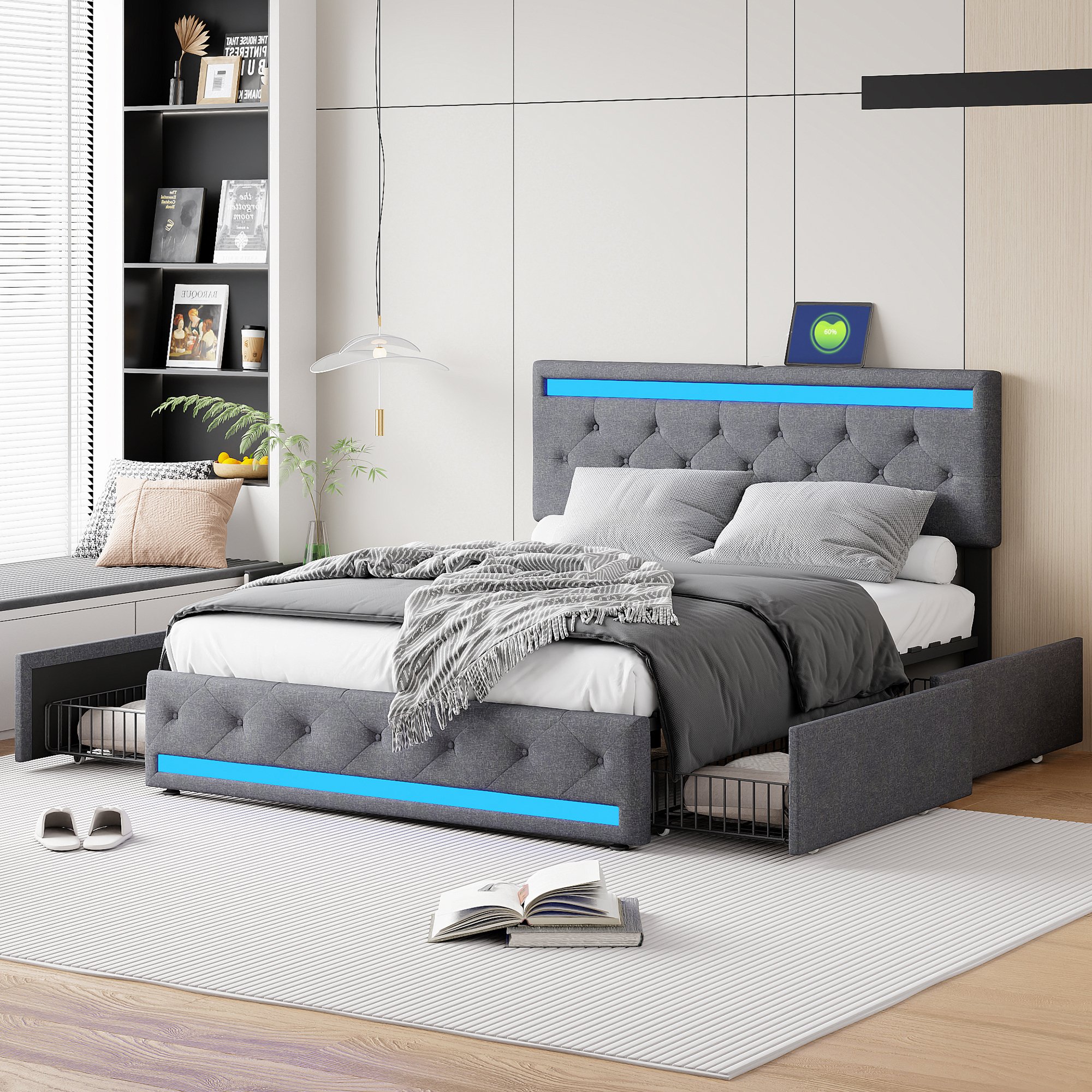 Łóżko tapicerowane Fortuna Lai 140x200cm z zagłówkiem o regulowanej wysokości i 4 szufladami, gniazdo bezpieczeństwa LED i USB, funkcjonalne łóżko dwuosobowe wykonane z lnu, ciemnoszare