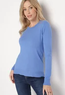 Swetry damskie - Niebieski Sweter Klasyczny z Miękkiej Dzianiny Helentia - miniaturka - grafika 1