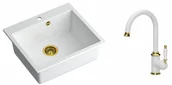 Zlewozmywaki z baterią - Quadron Zlewozmywak granitowy jednokomorowy 57*50*22 cm MORGAN 110 SNOW WHITE ze złotym odpływem z baterią RACHEL Q LINE SNOW WHITE kolor biały mat/wykończenie złote - miniaturka - grafika 1