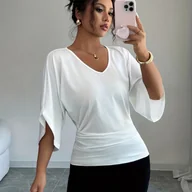 Bluzki damskie - TEMU Elegancka Tunika z Dekoltem w Serek i Rękawami Nietoperz - Bluzka o Długości 7/8 z Dekoltem w Serek, Opcje Kolorów Biały i Czarny, Możliwość - miniaturka - grafika 1