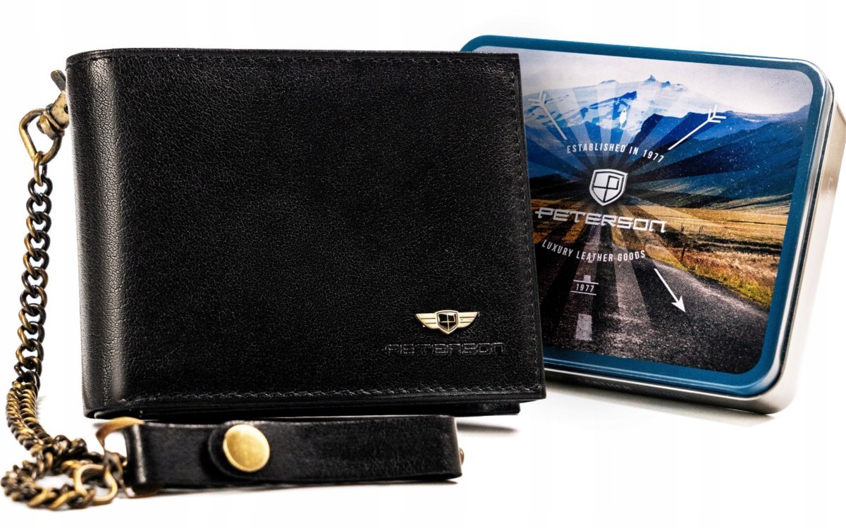 Skórzany portfel męski Peterson z łańcuchem pojemna portmonetka na karty i gotówkę, czarny