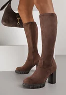 Kozaki damskie - Brązowe Kozaki z Imitacji Zamszu na Obcasie Typu Słupek Rilaresa - miniaturka - grafika 1