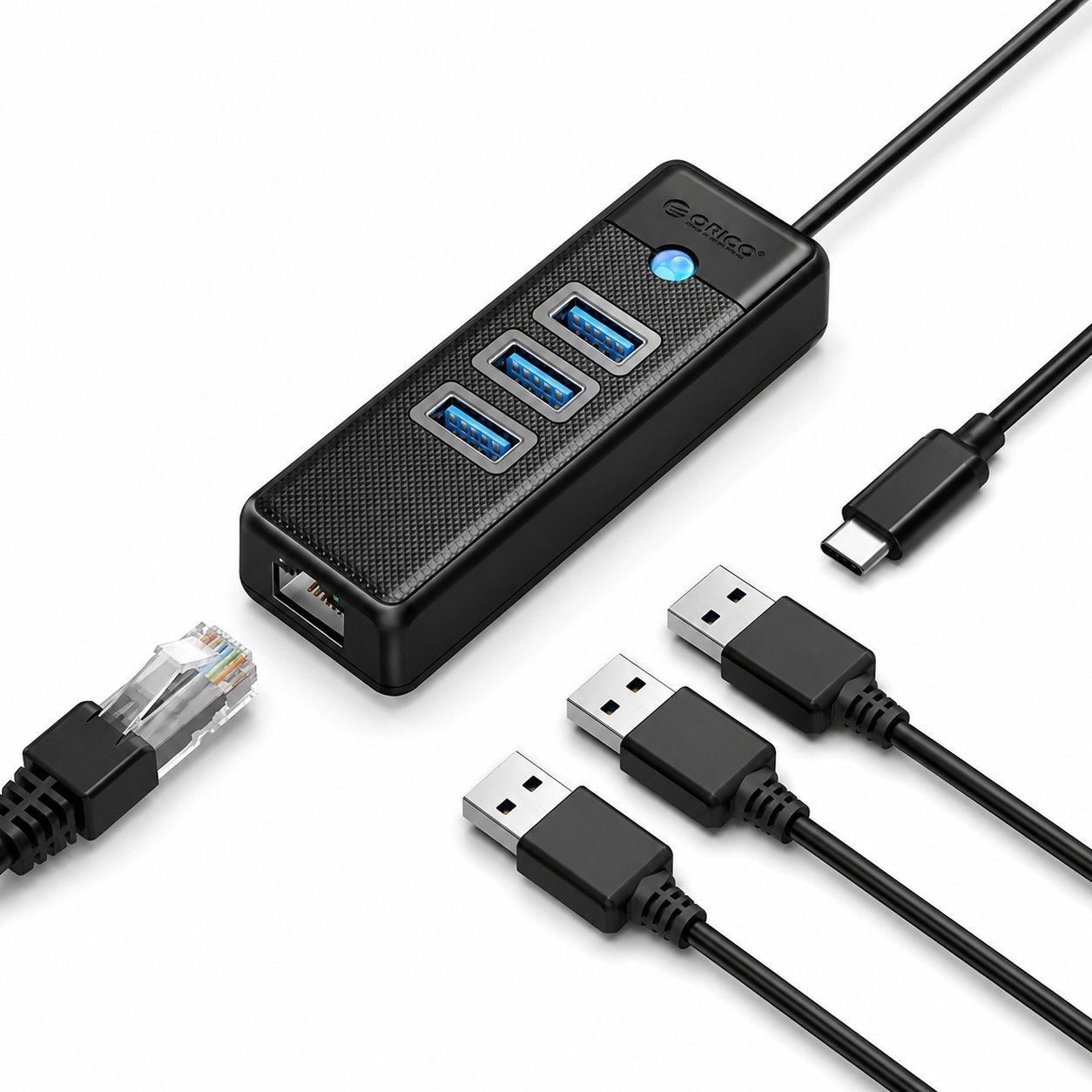 HUB USB Orico PW3UR25-C3 4-portowy 3x USB-A 3.0 1x RJ45 2.5G Ethernet 0,15 m - czarny 6941788856400