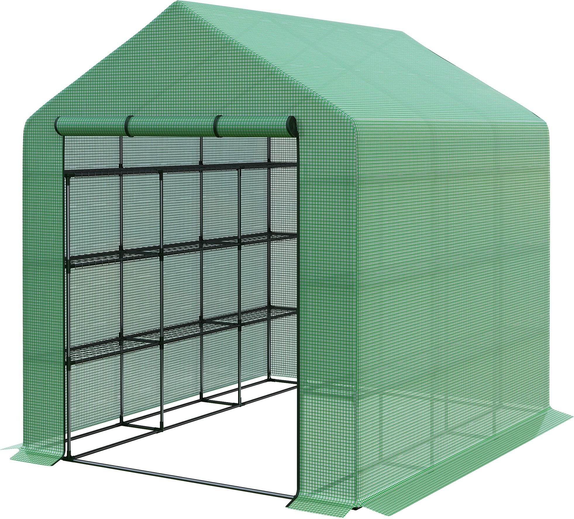 Szklarnia foliowa Outsunny Szklarnia z 18 poziomami półek Szopa ogrodowa Szklarnia Pomidorownia Domek na rośliny ze zwijanym wejściem Zimna rama Green 244 x 180 x 210 cm