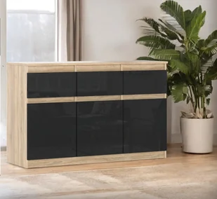 Komoda Czarna Połysk Drewniana Pojemna Szafka 3 Szuflady 120cm Dąb Sonoma - Komody - miniaturka - grafika 1